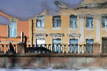 Petersburg Watercolor with buildings and silhouettes reflecting in waterの写真素材