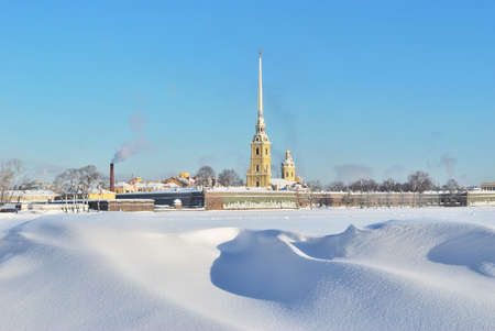 St. Petersburg in winter. Peter and Paul Fortress and  frozen  snowy  Nevaの写真素材