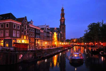 Amsterdam. Channel Prinsengraht and Western Church at nightのeditorial素材