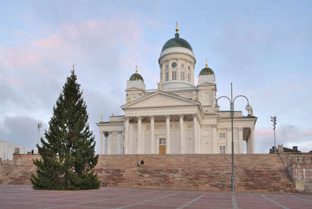 Helsinki. Senate Square with the Cathedral and the Christmas-tree  in the early winter morning  の写真素材