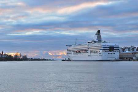 Finland. Passenger ferry at the terminal in Helsinki at dawn