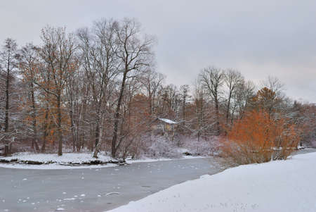 Late autumn in the beautiful snow-covered parkの写真素材