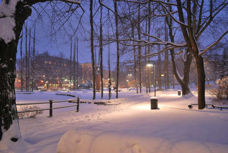 Finland before Christmas. Winter snowy dusk in Kotkaの写真素材