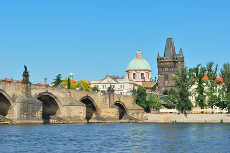 Prague, Czech Republic. A view of the Vltava River, Charles Bridge and the Old Townの写真素材