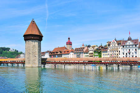 Lucerne, Switzerland. Medieval wooden Chapel Bridge and the Tower Wasserturm