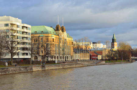 Turku, Finland. Quay of the river Aurajoki in late autumnの写真素材