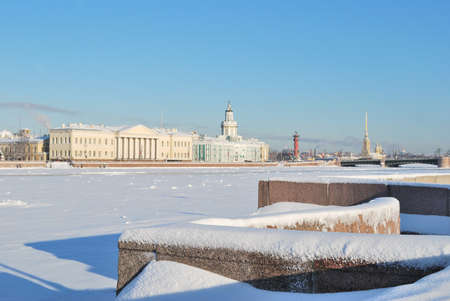 Saint-Petersburg, Russia. The Neva embankments in a sunny cold winter dayの写真素材