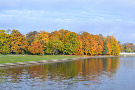 Golden autumn in a beautiful park in a cloudy dayの写真素材