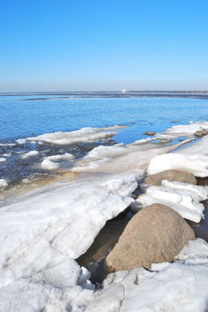 Saint-Petersburg, Russia. Coast of the Gulf of Finland in a sunny spring day in Aprilの写真素材