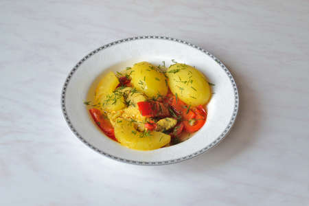 Delicious stewed turkey with pineapple, paprika and potatoesの写真素材