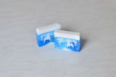 Two pieces of beautiful original handmade soap with patternsの写真素材