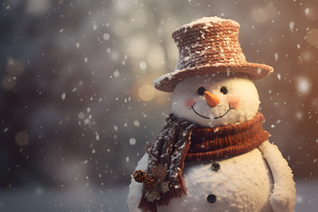 Snowman in hat, scarf and mittens on winter background.の素材