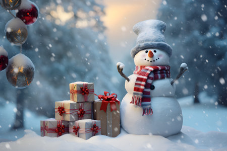 Snowman with gift boxes in the winter forest. Christmas background.の素材