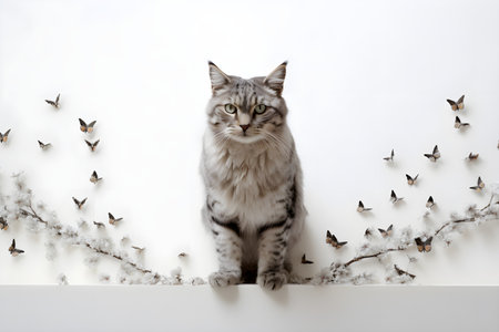 Cute cat sitting on wall with flowers and butterflies on white backgroundの素材