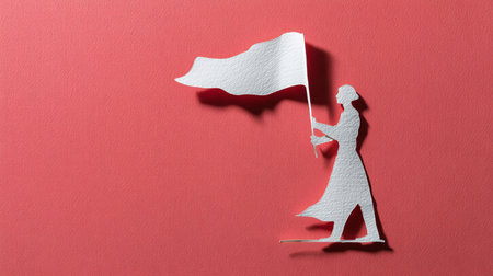 Paper cut of a woman holding a white flag on a red backgroundの素材