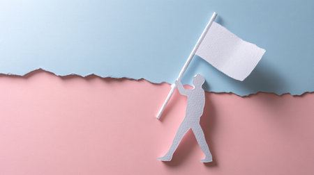Paper man holding a white flag on a pink and blue background.の素材