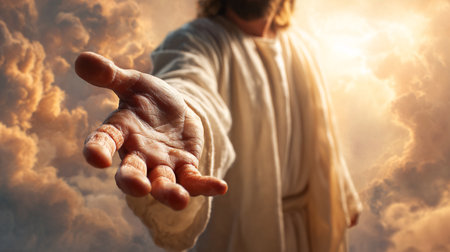 Jesus Christ Extending Hand in Welcoming Gesture Amidst Golden Cloudsの素材