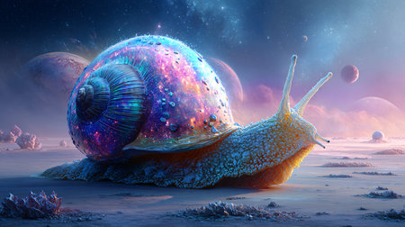 Snail in the starry sky. 3d render illustration.の素材