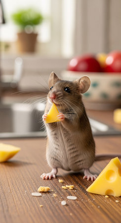 Gray rat eating cheese on the kitchen table. Healthy food concept.の素材