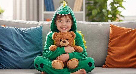 Cute little boy in pajamas with teddy bear at homeの素材