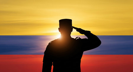 Silhouette of soldier saluting against the background of the flag of Colombiaの素材
