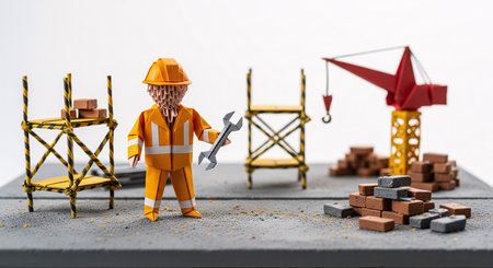 Construction concept. Worker with a wrench on the background of construction equipment.の素材