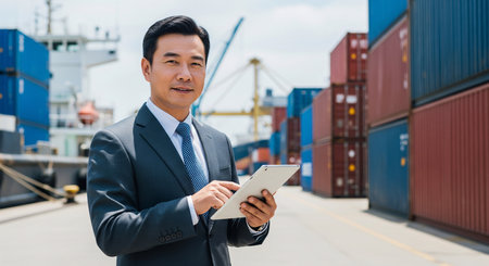 Portrait of Asian businessman using digital tablet while standing in shipping portの素材