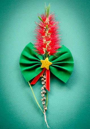 green christmas bow whit golden star in the middle, on top of a red callistemon flower and branch,...