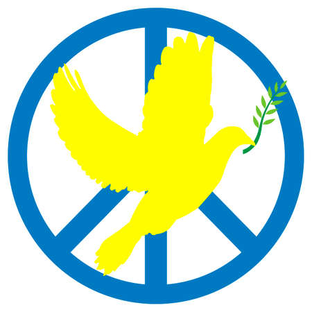 Illustration of Dove of peace carrying an olive branch in its mouth. Ukrainian colors. Yellow dove and peace symbol blue.の写真素材