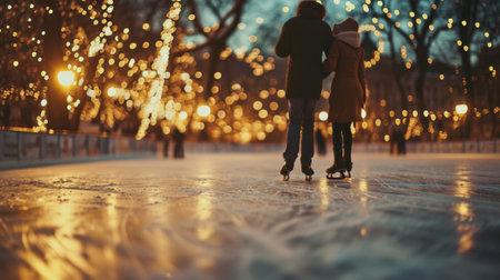 Image of a couple ice skating holding hands in love having fun, on a winter night golden lights bokeh. Macro detail if the iceの素材