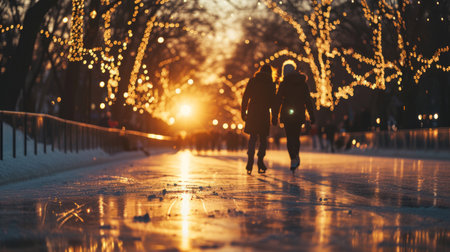 Image of a couple ice skating together holding hands in love having fun, on a winter night and golden lights bokehの素材