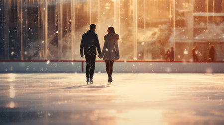 Image of a couple ice skating holding hands in love and looking at each other, on a winter afternoon during the sunset and golden hourの素材