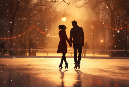 Image of a couple ice skating holding hands and looking at each other in love having fun and smiling, on a winter evening sunset golden hourの素材
