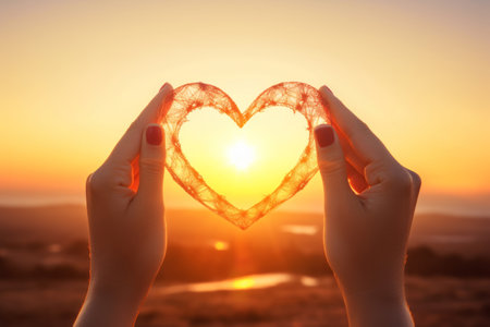 Closeup of a beautiful and romantic image of a woman's hands with red nails holding a red heart with fine laze during the sunset. Detail of the background landscape, sky with clouds, and sand. the sun in the background during a sunny afternoonの素材