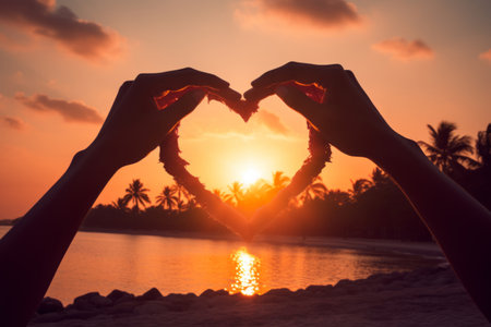 Romantic image of a woman's hands holding a heart during sunset on the tropical beach. Detail of the sea, palm trees, sky with clouds, and sand. the sun in the background during a sunny afternoonの素材