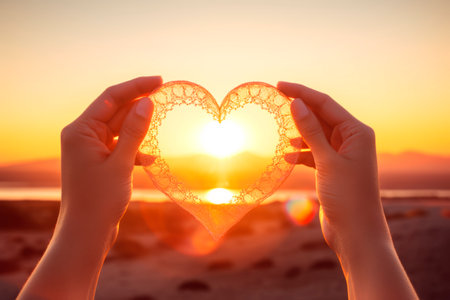 Closeup of a beautiful and romantic image of a woman's hands holding a red heart with fine laze during the sunset. Detail of the background landscape, sky with clouds, and sand. the sun in the background during a sunny afternoonの素材