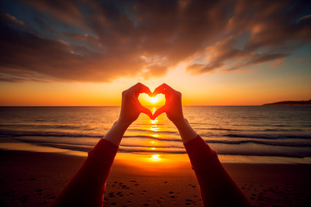 Image of a woman's hands forming a heart during the sunset on the beach. Love and Saint Valentine. Detail of the sea, the sky with clouds, and the sand. the sun in the background during a sunny winter afternoonの素材