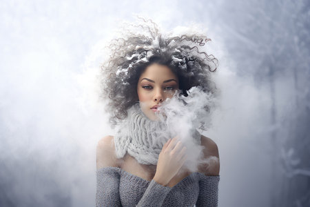 Portrait of an elegant and attractive black woman with smoke around in a white winter wearing winter clothes off shoulder sweater and black curly hairの素材
