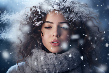 Close up portrait of a pretty girl in a sensual mood in a snowing scene with a captivating look in winter wearing winter clothes, wavy brunette hair in a relaxed modeの素材