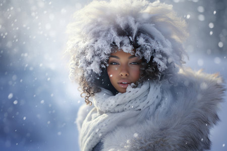 Portrait of an elegant and attractive black woman with snow over her hair in a white winter scene wearing winter clothes and snowflakesの素材