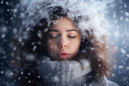 Close up portrait of a pretty girl in a sensual mood with her eyes closed in a snowing scene in winter in a relaxed mode with blue light wearing winter clothes, wavy brunette hair in a relaxed modeの素材