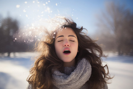 Portrait of a beautiful and sensual woman relaxing and enjoying in a snowy landscape during a sunny winter day, wearing warm winter clothes, in a holiday dayの素材