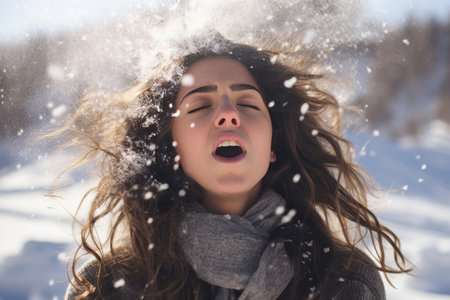 Portrait of a beautiful and sensual woman relaxing and enjoying in a snowy landscape during a sunny winter day, blowing up wearing warming winter clothes, in a holiday dayの素材