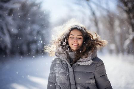 Portrait of a beautiful and sensual woman relaxing and enjoying in a snowy landscape during a sunny winter day, wearing warm winter clothes, in a holiday dayの素材