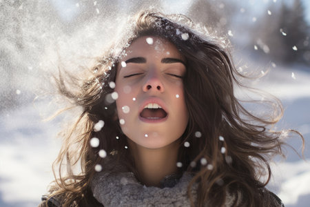 Portrait of a beautiful and sensual woman relaxing and enjoying in a snowy landscape during a sunny winter day, wearing warm winter clothes, in a holiday dayの素材