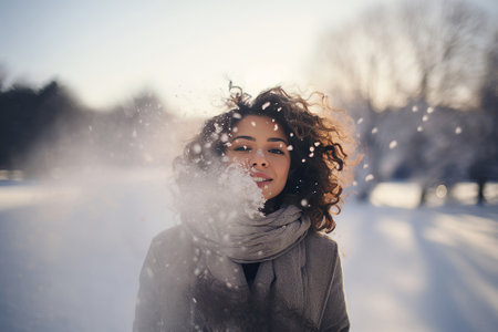 Portrait of a beautiful and latin woman relaxing and enjoying in a snowy landscape during a sunny winter day, wearing warm winter clothes, in a holiday dayの素材