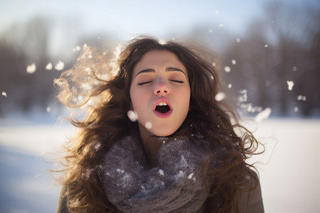 Portrait of a beautiful and sensual woman relaxing and enjoying in a snowy landscape during a sunny winter day, wearing warm winter clothes, in a holiday dayの素材