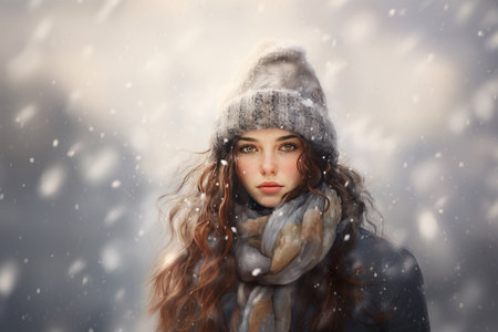 A pictorial image of a young girl in a magical winter scene of falling snow outside, wearing a cozy winter coat and a wool hat, dreamlike heartwarming moment.の素材