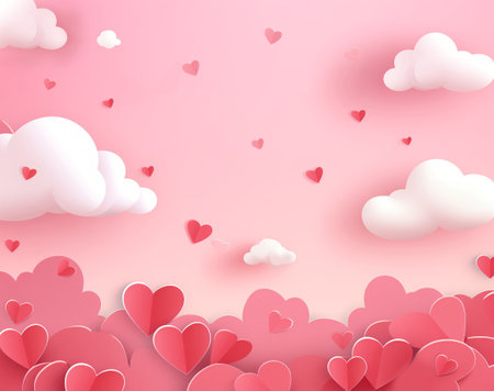 Beautiful and Romantic wallpaper background illustration of red and pink hearts of love and Valentine's day and copyspace with clouds, backgroundの素材