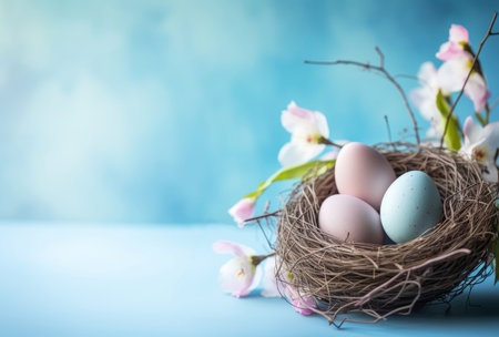 easter eggs in a bird nest on a blue background, with flowers, in the style of minimalist backgrounds, pastel color, copyspace. Easter eggs decorated in pastel blue and gold decorationsの素材